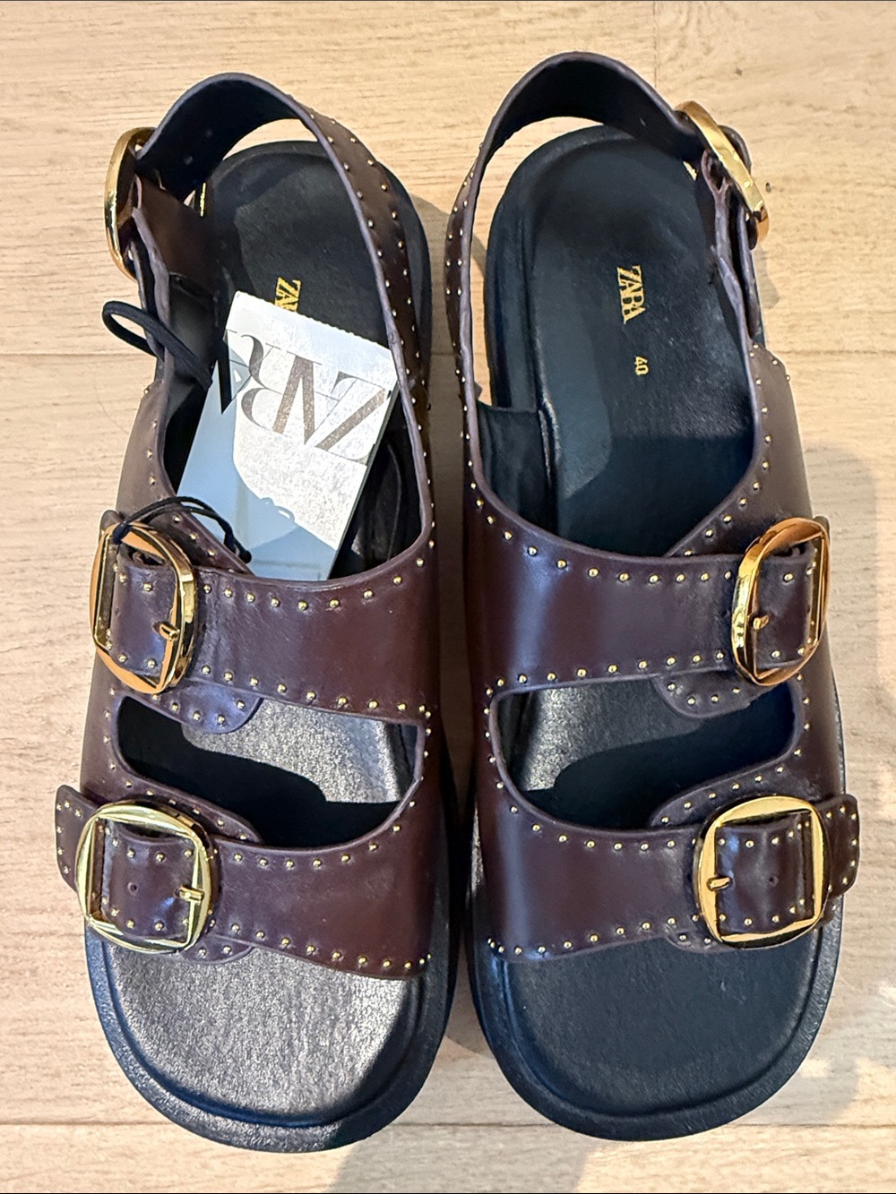 ZARA Brown Leather Double-Buckle Studded Sandals